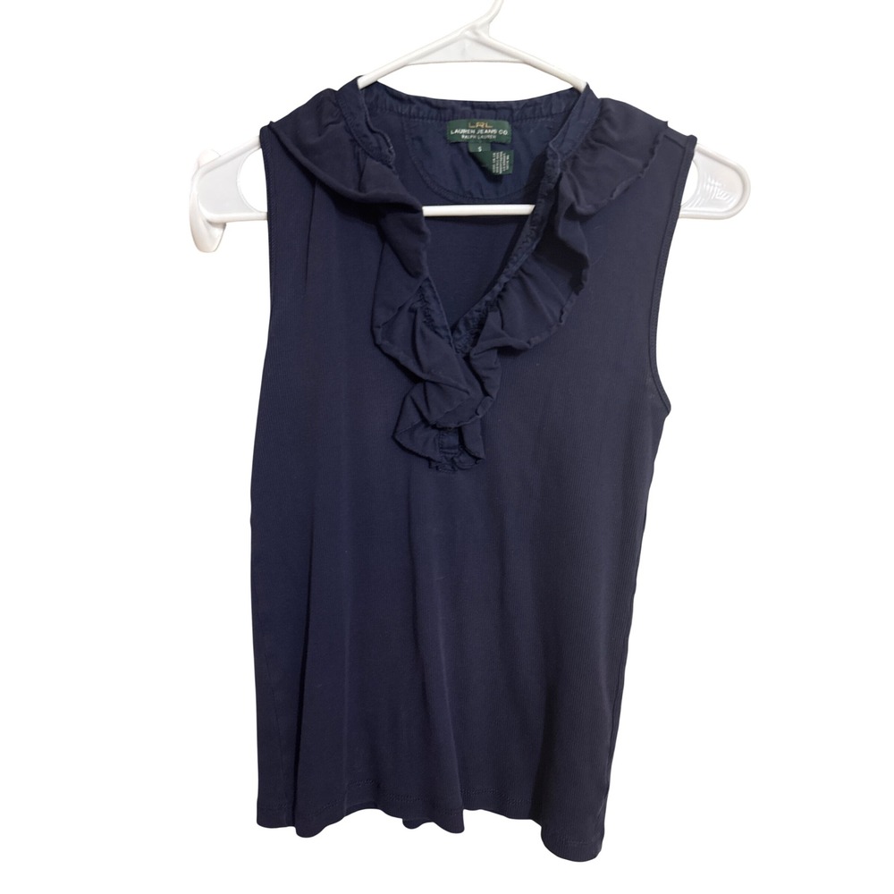 Lauren Ralph Lauren Navy Blue Pima Cotton Ruffle V-Neck Sleeveless Ribbed Top S